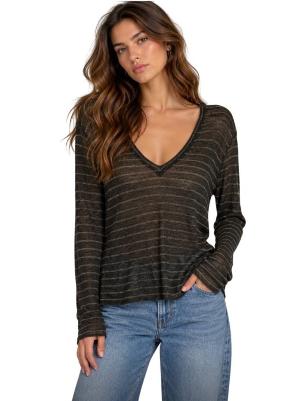 RAILS Sami Bronze Stripe V-Neck Pullover Tee Shirt - Size  XS